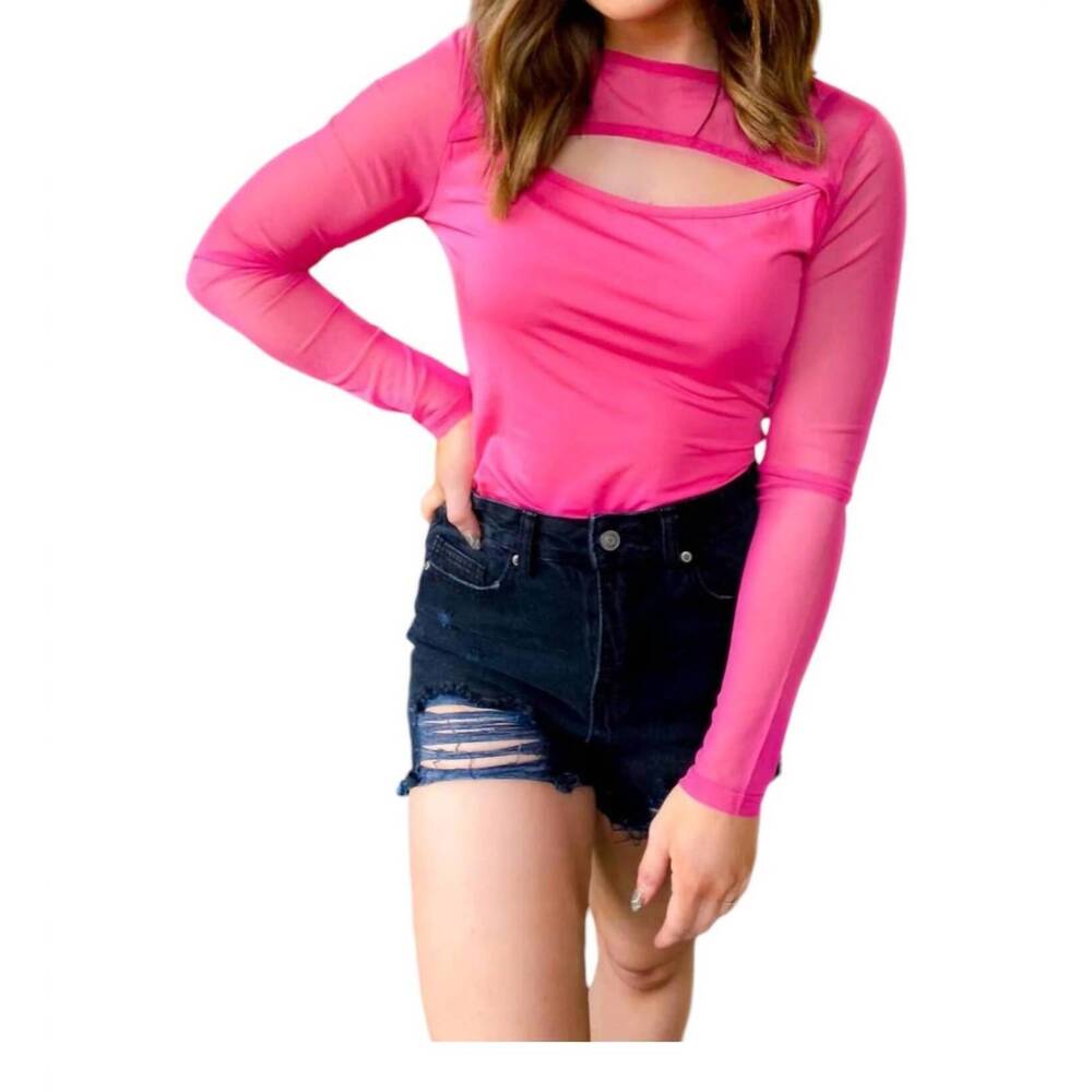 NEW WITH LOVE, MOLLY mesh peek-a-boo bodysuit in hot pink